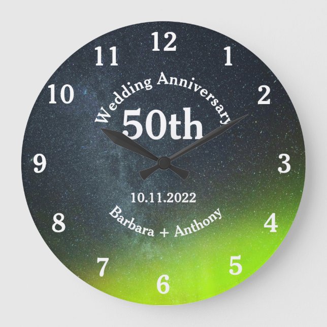 50th Golden Wedding Anniversary Aurora Borealis La Large Clock (Front)