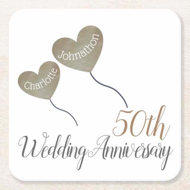 50th Golden Wedding Anniversary balloon Square Paper Coaster (Front)