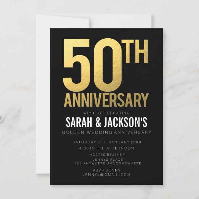 50th Golden Wedding Anniversary Black & Gold Party Invitation (Front)