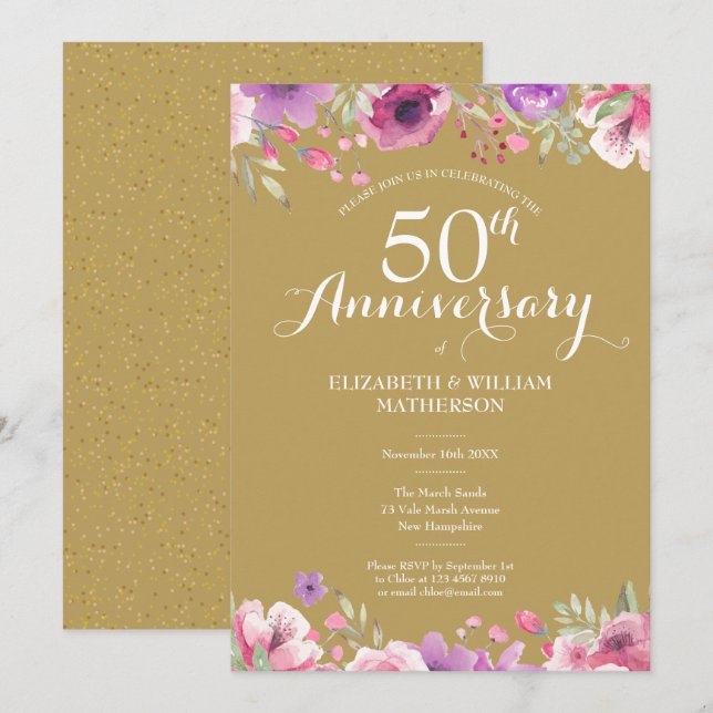 50th Golden Wedding Anniversary Country Floral Invitation (Front/Back)