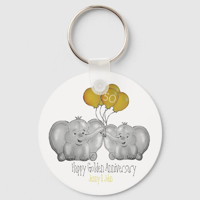 50th Golden wedding anniversary elephant Key Ring (Front)