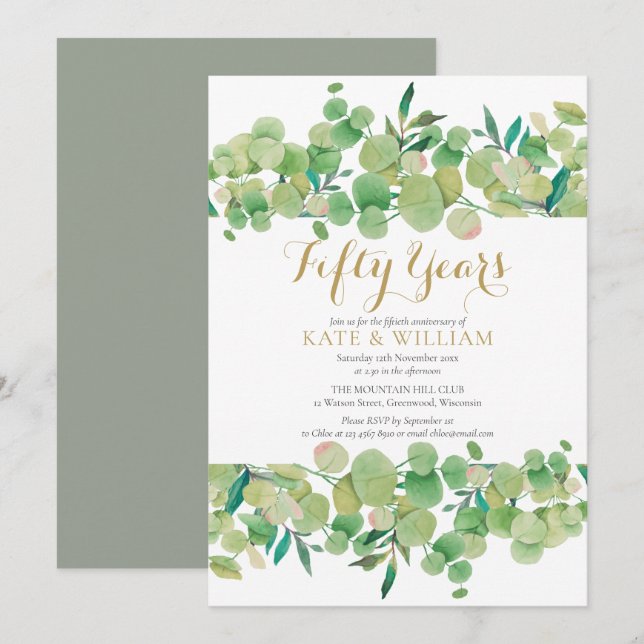 50th Golden Wedding Anniversary Eucalyptus Script  Invitation (Front/Back)