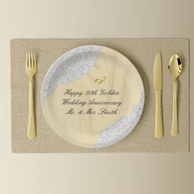 50th Golden Wedding Anniversary Faux Satin+Lace Paper Plate (Creator Uploaded)