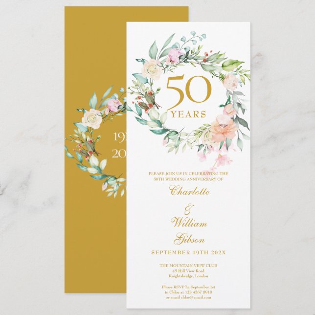 50th Golden Wedding Anniversary Floral Garland Invitation (Front/Back)