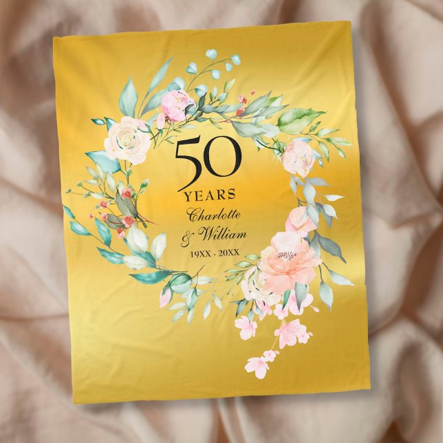 50th Golden Wedding Anniversary Floral Gold Foil Fleece Blanket (Creator Uploaded)