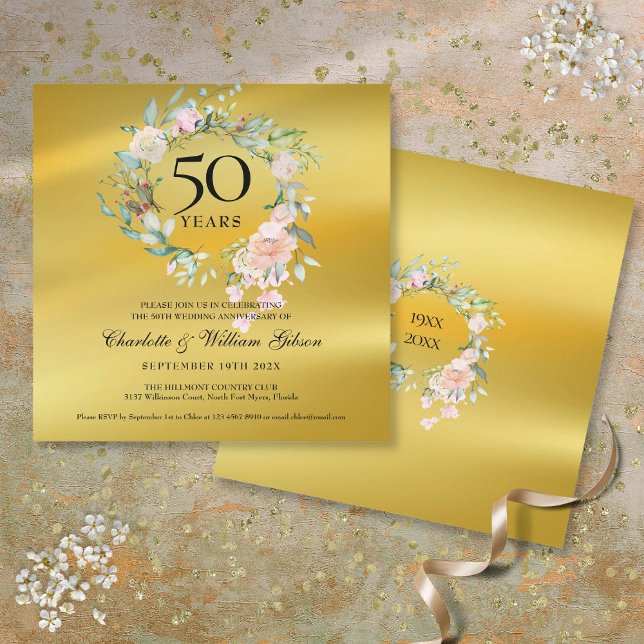 50th Golden Wedding Anniversary Floral Gold Foil Invitation (50th Golden Wedding Anniversary Floral Gold Foil Invitation)