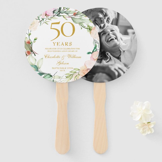50th Golden Wedding Anniversary Floral Roses Photo Hand Fan (Front and Back)
