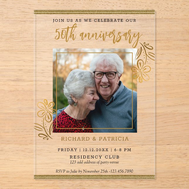50th Golden Wedding Anniversary Gold Floral Photo Acrylic Invitations (Front)