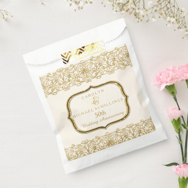 50th Golden Wedding Anniversary Gold n White Favour Bags (Sealed)