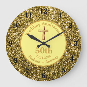 50th Golden Wedding Anniversary Gold Religious Lar Large Clock