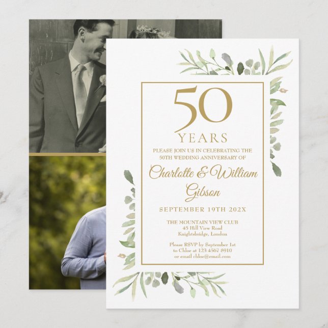 50th Golden Wedding Anniversary Greenery 2 Photo Invitation (Front/Back)