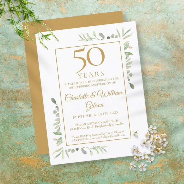 50th Golden Wedding Anniversary Greenery  Invitation Postcard (Creator Uploaded)