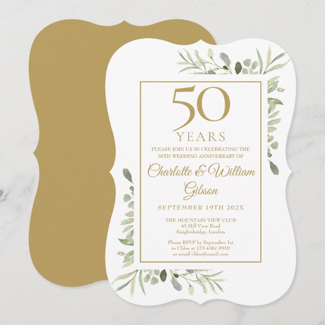 50th Golden Wedding Anniversary Greenery Leaves Invitation (Front/Back)