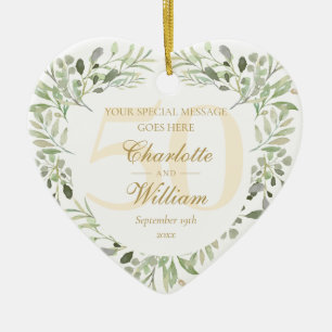 50th Golden Wedding Anniversary Greenery Monogram Ceramic Tree Decoration