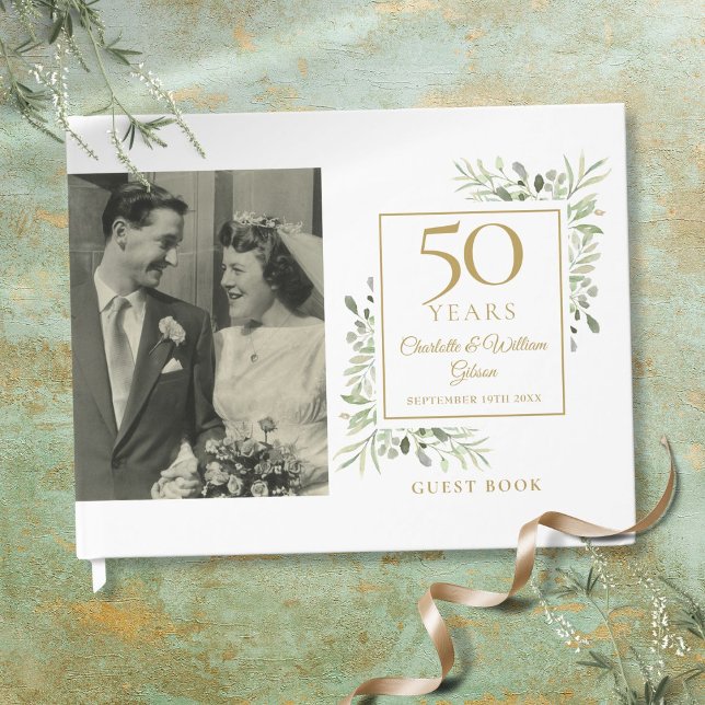 50th Golden Wedding Anniversary Greenery Photo Guest Book (50th Golden Wedding Anniversary Greenery Photo Guest Book)