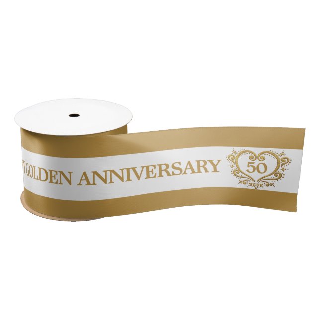 50th golden wedding anniversary heart gold white s satin ribbon (Spool)
