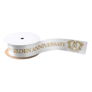 50th golden wedding anniversary heart gold white satin ribbon