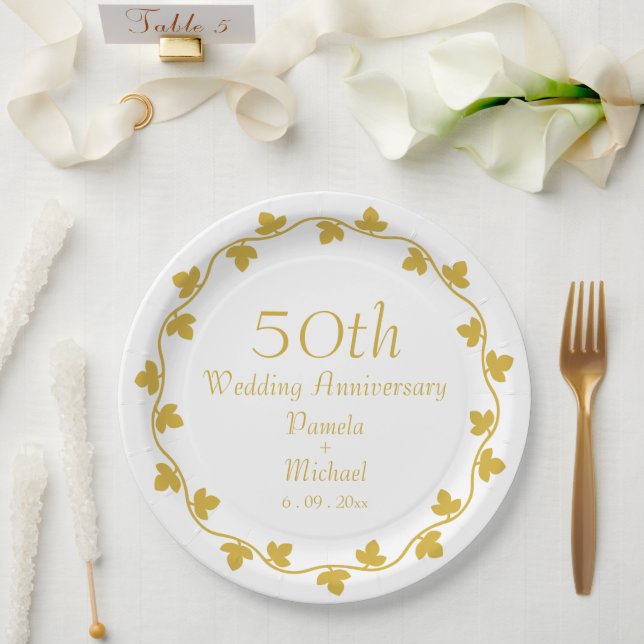 50th Golden Wedding Anniversary Ivy Wreath Paper Plate (Wedding)