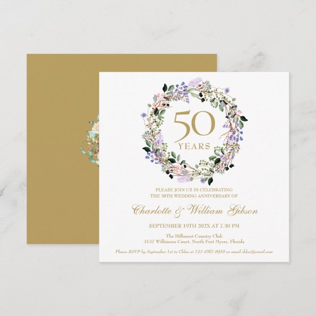 50th Golden Wedding Anniversary Lavender Floral Invitation (Front/Back)