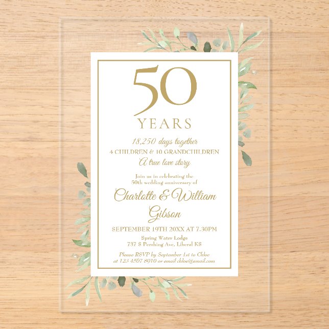 50th Golden Wedding Anniversary Memories Greenery Acrylic Invitations (Front)