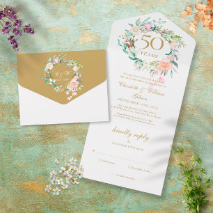 50th Golden Wedding Anniversary Monogram Floral All In One Invitation