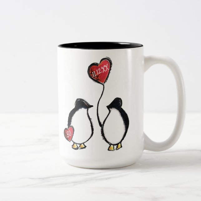 50th golden wedding anniversary penguin Two-Tone coffee mug (Right)