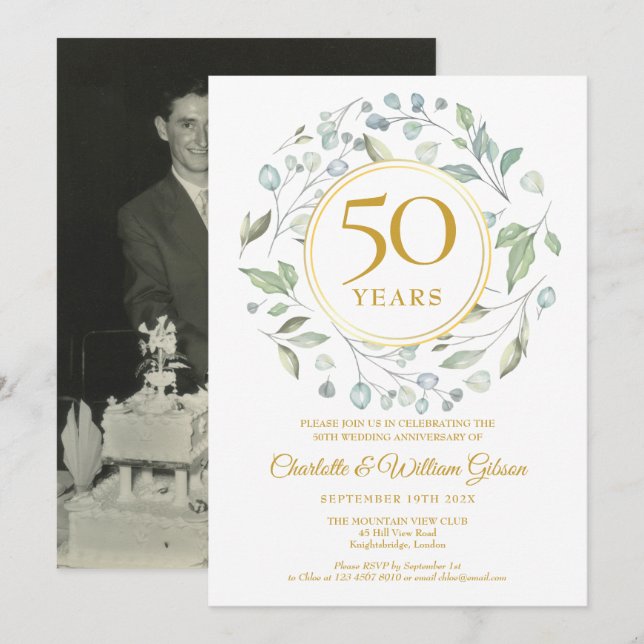 50th Golden Wedding Anniversary Photo Garland Invitation (Front/Back)