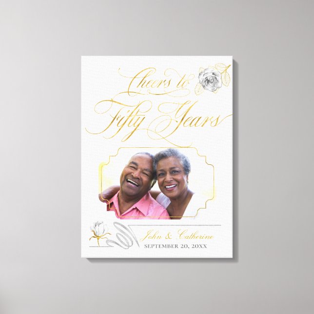 50th Golden Wedding Anniversary Photo Gold Roses Canvas Print (Front)