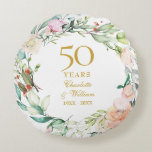 50th Golden Wedding Anniversary Photo Roses Floral Round Cushion<br><div class="desc">Featuring a delicate watercolour floral garland,  this chic botanical 50th wedding anniversary keepsake pillow can be personalised with your special anniversary information in elegant gold text and your photo on the reverse. Designed by Thisisnotme©</div>