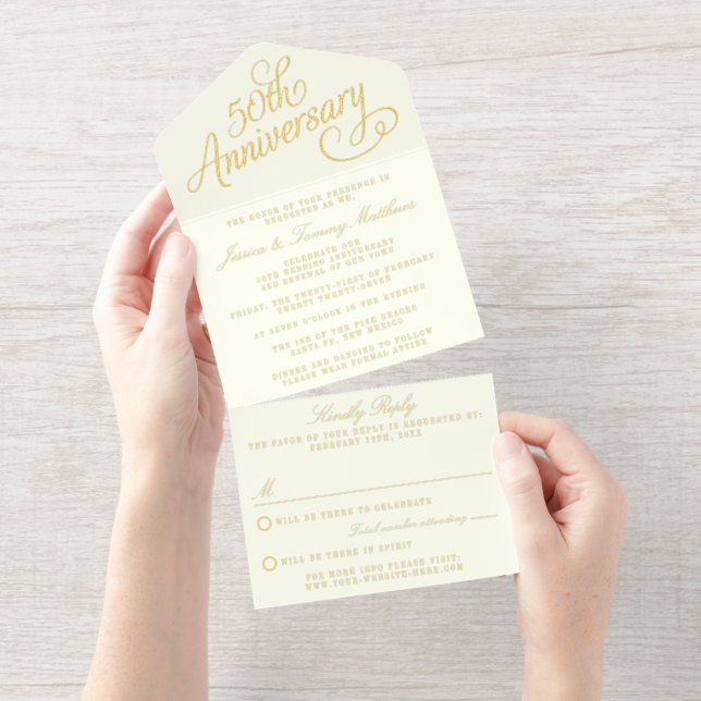 50th Golden Wedding Anniversary Real Foil Pressed All In One Invitation (Tearaway)