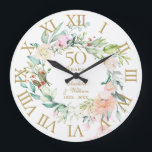 50th Golden Wedding Anniversary Roses Floral Large Clock<br><div class="desc">Featuring a delicate watercolor floral garland,  this chic botanical 50th wedding anniversary clock can be personalised with your special golden anniversary details set in elegant typography. Designed by Thisisnotme©</div>