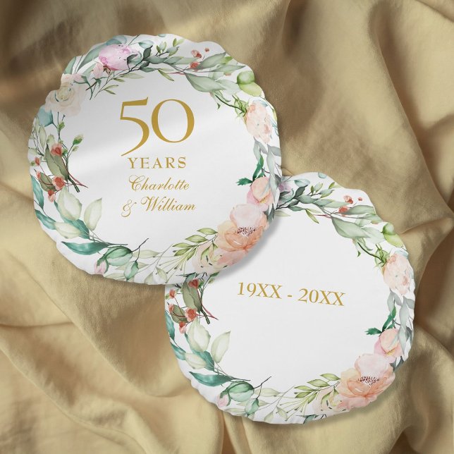 50th Golden Wedding Anniversary Roses Garland  Round Cushion (50th Golden Wedding Anniversary Roses Garland Round Pillow)