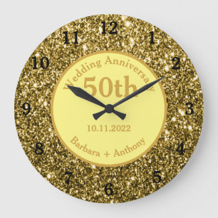 50th Golden Wedding Anniversary Sparkle Gold Glam Large Clock