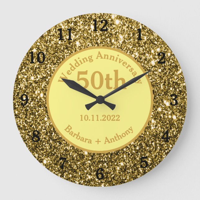 50th Golden Wedding Anniversary Sparkle Gold Glam  Large Clock (Front)
