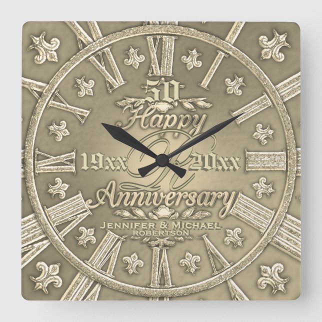 50th Golden Wedding Anniversary Square Wall Clock (Front)