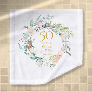 50th Golden Wedding Anniversary Watercolor Floral Bath Towel Set