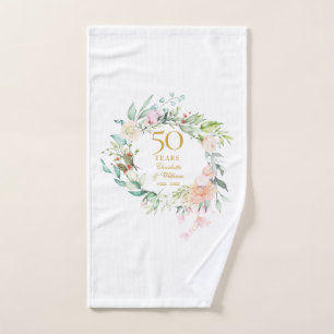 50th Golden Wedding Anniversary Watercolor Floral Bath Towel Set