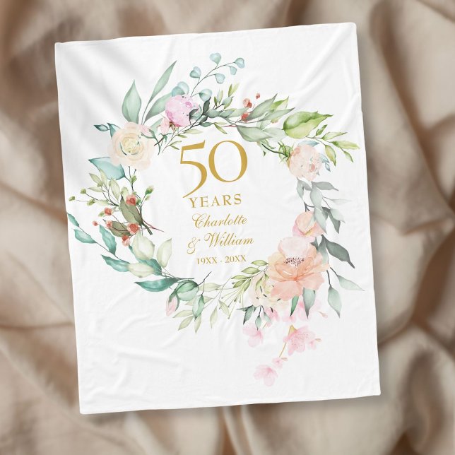 50th Golden Wedding Anniversary Watercolor Floral Fleece Blanket (Creator Uploaded)