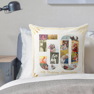 50th Golden Wedding Anniversary White & Gold Photo Cushion
