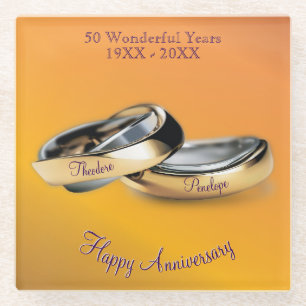 50th ✨💛 Golden Wedding Rings Anniversary Glass Coaster