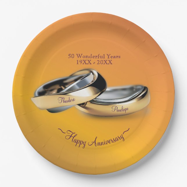 50th ✨💛 Golden Wedding Rings Anniversary Paper Plate (Front)