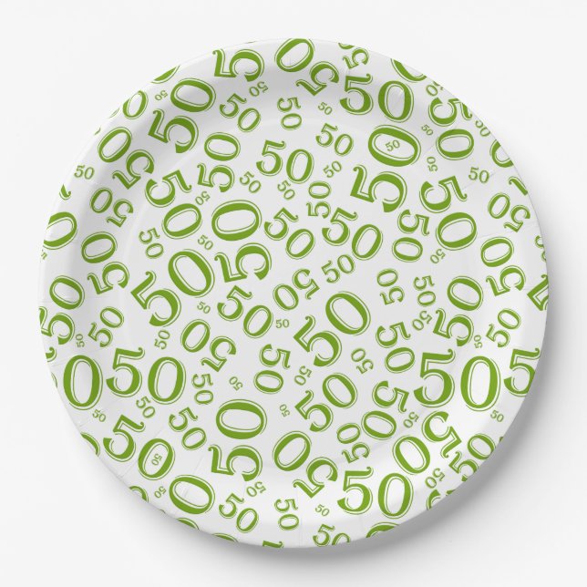 50th Green/White Random Number Pattern Paper Plate (Front)
