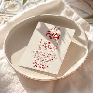 50th Hand Written Drawn Cake Hello Fifty Birthday  Invitation