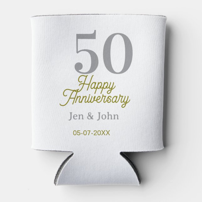 50th happy anniversary name date silver gold date  can cooler (Front)