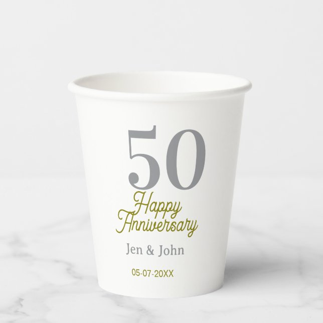 50th happy anniversary name date silver gold date  paper cups (Front)