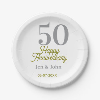 50th happy anniversary name date silver gold date paper plate