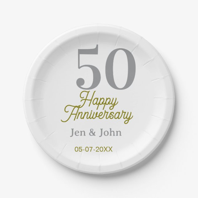 50th happy anniversary name date silver gold date  paper plate (Front)