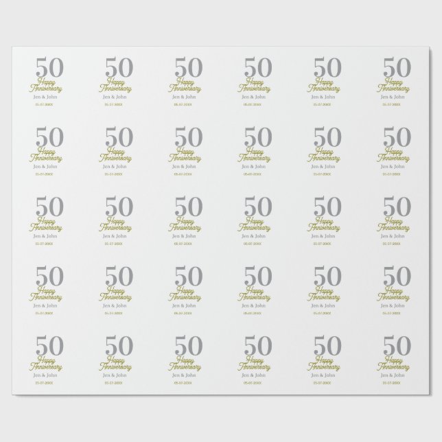 50th happy anniversary name date silver gold date  wrapping paper (Flat)