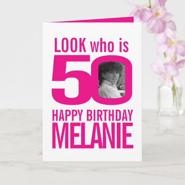 50th Happy Birthday 2 photos white pink Card (Orchid)