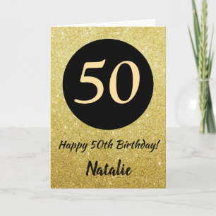 50th Happy Birthday Black and Gold Glitter Card